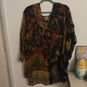 URU Multi Colored Floral Silk Chiffon Blouse with Collar